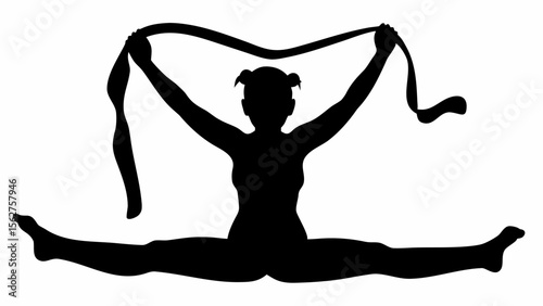 Silhouette of a gymnast in a split holding a ribbon above her head in a black and white image
