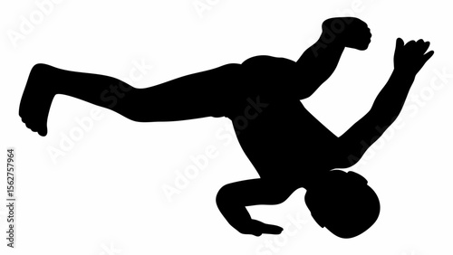 Silhouette of a person in a dynamic pose with one leg extended and arms raised on a white background