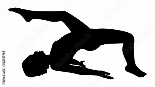 Silhouette of a woman in a yoga pose with one leg raised and arms extended on a white background