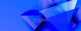 Abstract blue design features overlapping geometric shapes. Gradient colors create depth, modern aesthetic. Minimal text present.