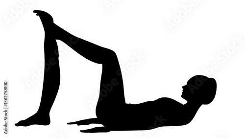 Silhouette of woman lying on back with one leg raised in a yoga or exercise position on white background