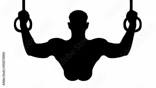 Silhouette of a muscular man performing a gymnastic ring exercise with arms extended outwards fully