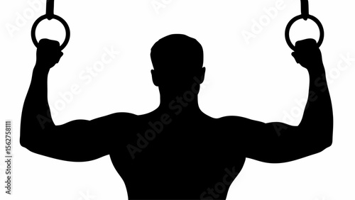 Silhouette of a muscular man hanging from gymnastic rings with arms outstretched and head visible fully