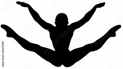 Silhouette of a person in a split position with arms raised against a white background image here now