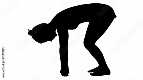 Silhouette of a woman bending over with straight arms and knees bent in a forward fold position pose