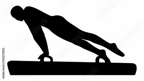 Silhouette of gymnast performing on pommel horse with arms extended in a challenging position for competition