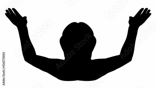 Silhouette of a person with arms raised overhead showing hands against a white background in a studio shot