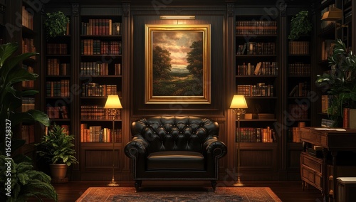Dark, opulent study with antique bookshelves, framed artwork, and leather armchair