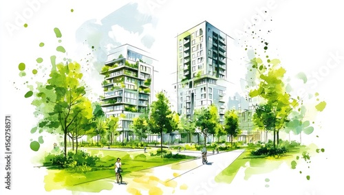 Urban landscape sketch, watercolor style. Lush green trees and plants surround modern apartment buildings.  People are seen walking