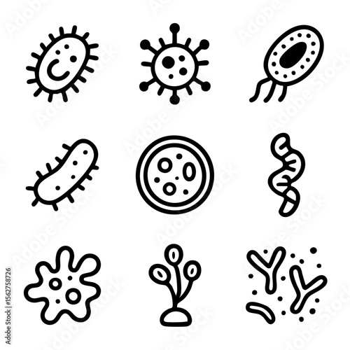 A set of doodle line icons illustrating bacteria, viruses, microbes, cells, fungi, and microscopic organisms used in biology and science visuals