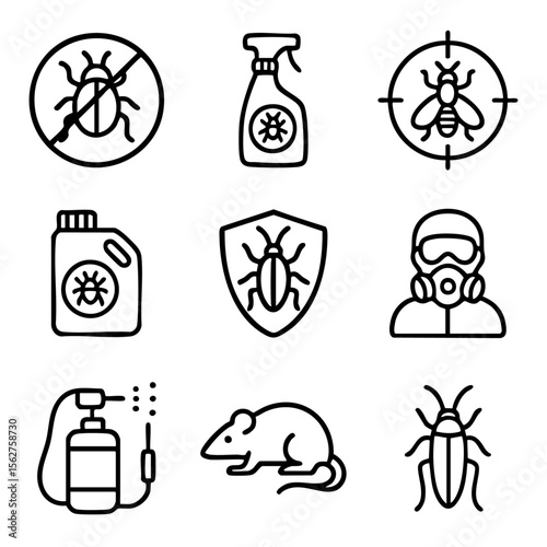 A set of doodle line icons representing pest control, insecticide spray, rodents, bugs, extermination tools, and household pest protection