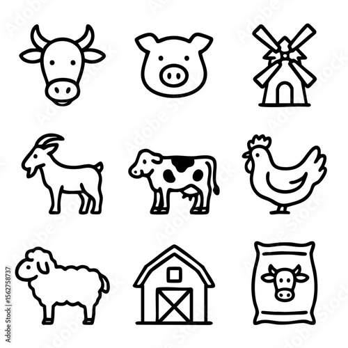 A set of doodle line icons illustrating farm animals, livestock, barns, feed, poultry, dairy cattle, and rural agricultural elements