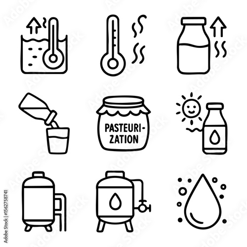 A set of doodle line icons showing pasteurization, milk heating, dairy processing, sterilization, food safety, and clean liquid production