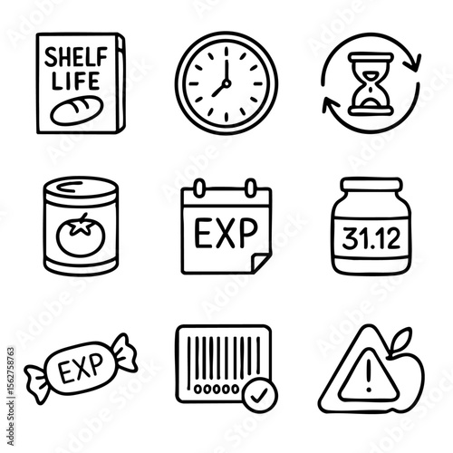 A set of doodle line icons showing shelf life, expiry dates, food safety, labels, canned goods, and product expiration monitoring