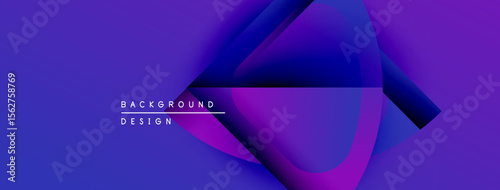 Abstract design features vibrant purple, blue gradients. Overlapping shapes create dynamic visual effect. Modern background element.