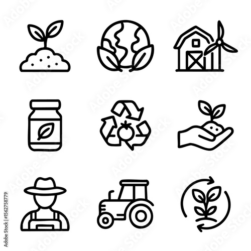 A set of doodle line icons showing sustainable farming, organic agriculture, eco-friendly practices, recycling, and renewable farm technology