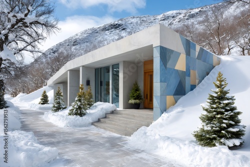 Modern house with snowy garden and mountain in the background