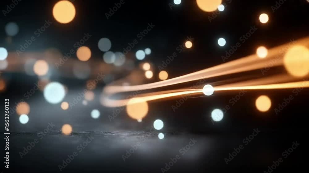 abstract glowing particle stream, deep black background, luminous neon particles, bokeh depth of field, cosmic energy trail, futuristic digital design, cinematic lighting, clean composition