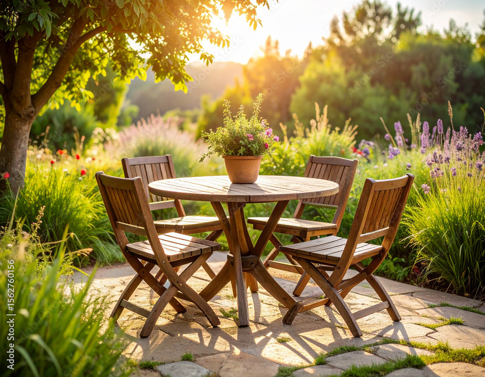 Fototapeta premium Serene Garden Scene: Wooden Table and Chairs Under Sunlight, Blooming Flowers