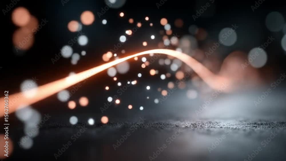 abstract glowing particle stream, deep black background, luminous neon particles, bokeh depth of field, cosmic energy trail, futuristic digital design, cinematic lighting, clean composition