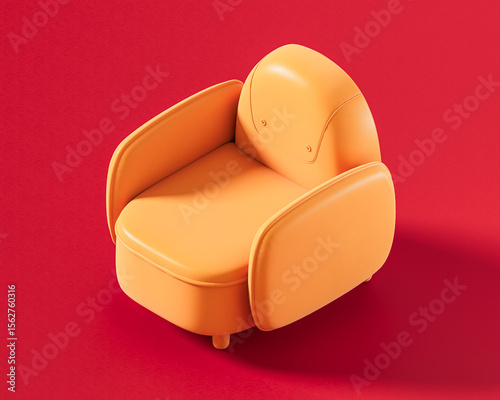 Playful orange armchair design with rounded edges and oversized padding, evoking a bold, cartoonish aesthetic. Single color, flat furniture, 3d rendering