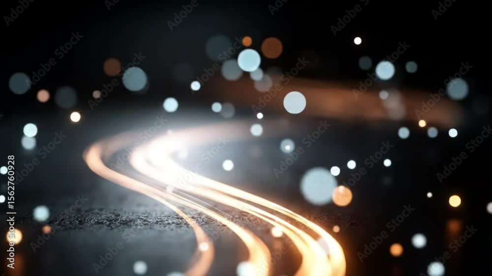 abstract glowing particle stream, deep black background, luminous neon particles, bokeh depth of field, cosmic energy trail, futuristic digital design, cinematic lighting, clean composition