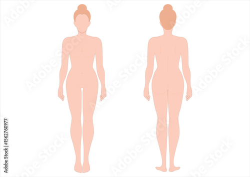 Woman body front and back view isolated on white.