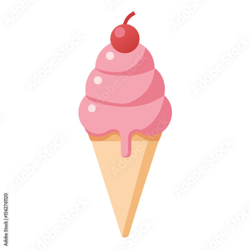 A pink soft-serve ice cream in a waffle cone with a red cherry on top, featuring swirled layers and a creamy texture in a classic dessert presentation.