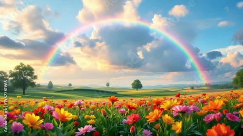 Beautiful meadow of colorful flowers and rainbow under a cloudy sky