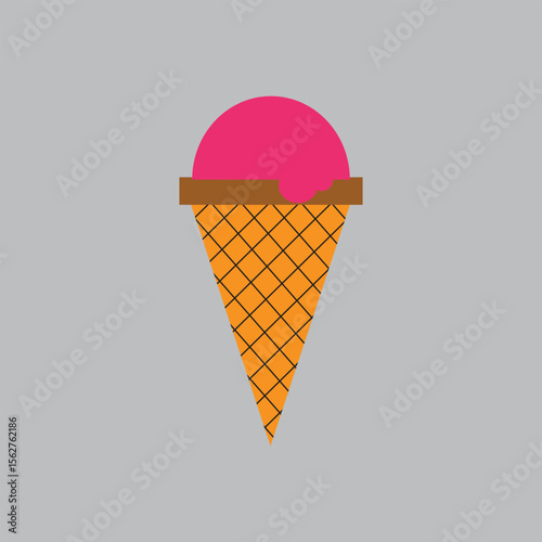 Simple flat design pink ice cream scoop with bite mark in waffle cone