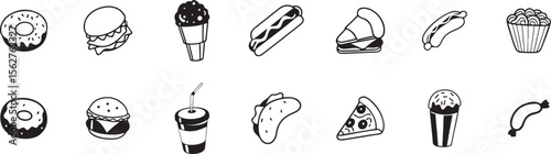 Black and White Icon Set Featuring a Wide Range of Delicious Fast Food and Snack Items in Vector Illustration Style.