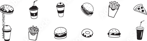 Black and White Icon Set Featuring a Wide Range of Delicious Fast Food and Snack Items in Vector Illustration Style.