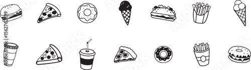 Black and White Icon Set Featuring a Wide Range of Delicious Fast Food and Snack Items in Vector Illustration Style.