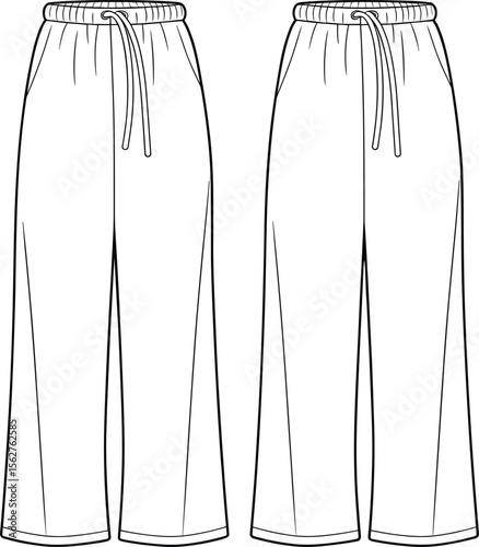 Basic women drawstring pajama pants CAD drawing flat vector illustration with elastic waistband, relaxed fit, comfy sleepwear lounge technical sketch