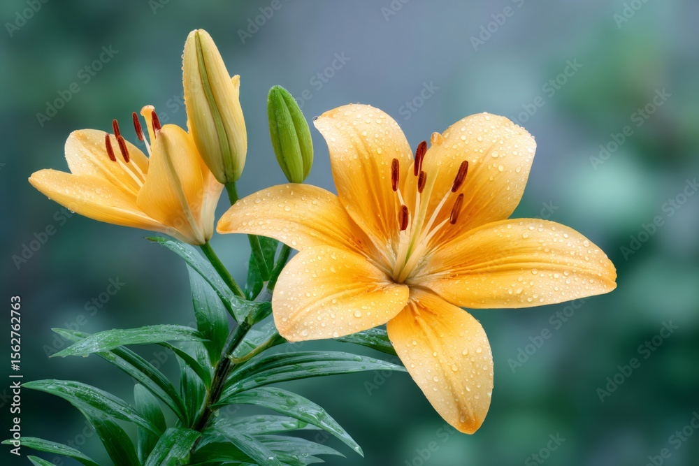 Obraz premium Two orange lilies blooming in the garden with water drops