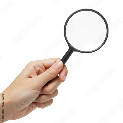 Hand holding a magnifying glass for close examination isolated on transparent background