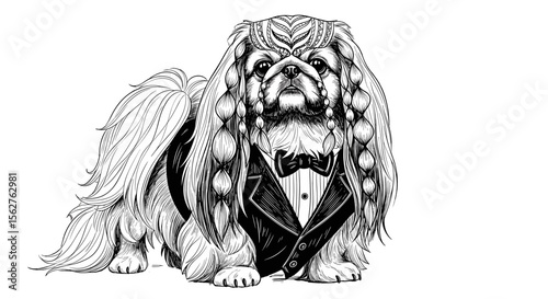 Dapper Dog: An elegantly dressed Pekingese dog, adorned in a tuxedo, radiates charm and sophistication. The intricate details of its coat and attire, creates a scene of canine style and grace.