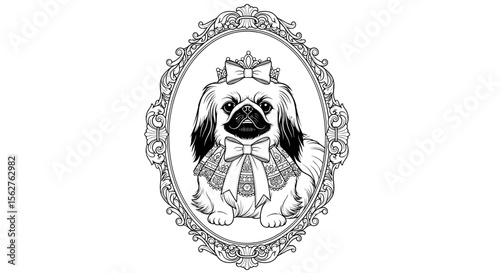 Adorable Pekinese Portrait within Antique Frame: A charming black and white illustrated portrait of a Pekinese dog, adorned with a bow and sitting gracefully within an ornate vintage frame.