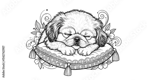 Dreamy Pup's Snooze: A charming puppy peacefully sleeps on a decorative pillow, eyes closed and seemingly lost in dreamland.