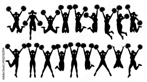 Cheerleader silhouette vector of sixteen jumping cheerleaders with pompoms perfect for sports team logos and school spirit graphics.