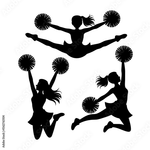 Cheerleader silhouette vector with three black silhouettes, perfect for sports team logos, cheerleading event posters, and spirit merchandise designs.