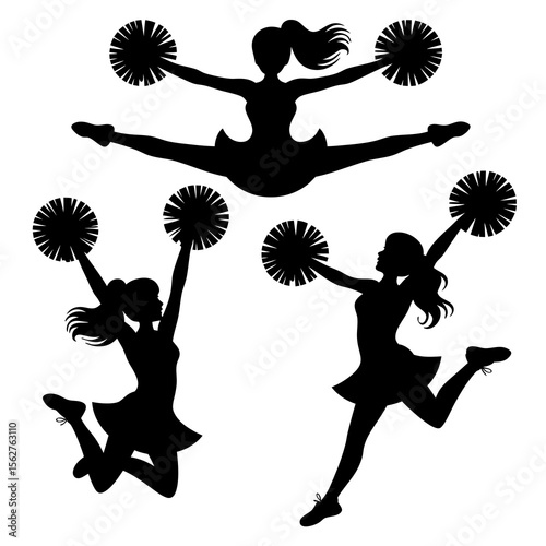 Cheerleader silhouette vector with three black silhouettes, perfect for sports team logos, cheerleading event posters, and spirit merchandise designs.