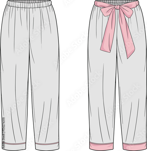 Comfy women’s pajama pants CAD drawing flat vector illustration with elastic waistband, bow tie detail, hem contrast, lounge sleepwear sketch
