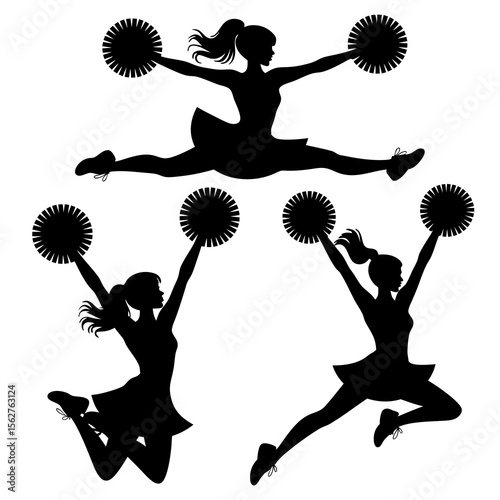 Cheerleader silhouette vector with three black silhouettes, perfect for sports team logos, cheerleading event posters, and spirit merchandise designs.