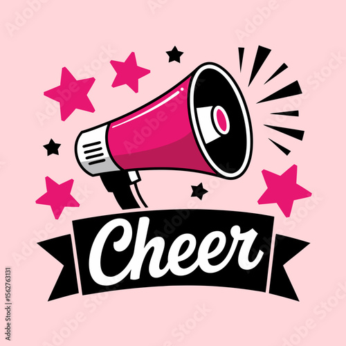 Cheerleader silhouette vector with pink megaphone, stars, on pink background  ideal for cheerleading teams, sports events, posters, and promotions.