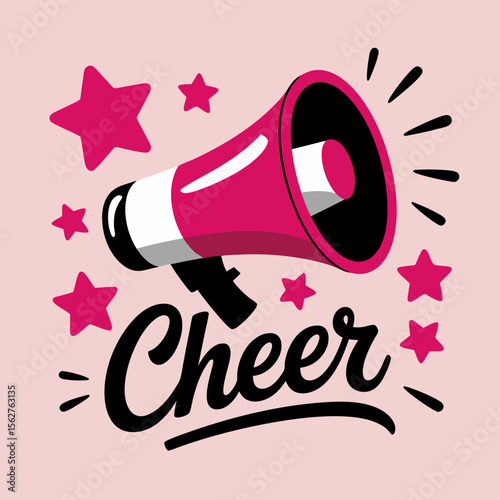 Cheerleader silhouette vector with pink megaphone, stars, on pink background  ideal for cheerleading teams, sports events, posters, and promotions.
