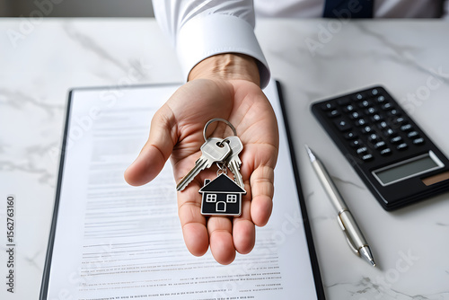 Hand Holding House Keys Over Property Contract Agreement
