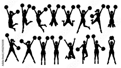 Cheerleader silhouette vector of sixteen jumping cheerleaders with pompoms perfect for sports team logos and school spirit graphics.