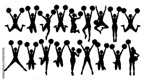 Cheerleader silhouette vector of sixteen jumping cheerleaders with pompoms perfect for sports team logos and school spirit graphics.