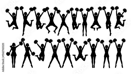 Cheerleader silhouette vector of sixteen jumping cheerleaders with pompoms perfect for sports team logos and school spirit graphics.